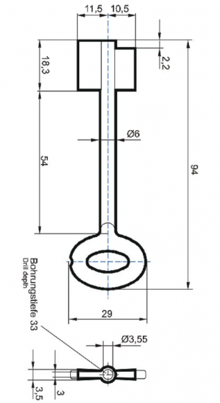 Заготовка ключа Cawi-8210-000-0 (L=94мм) (D=6x3.55мм) (B=18,3х22мм)