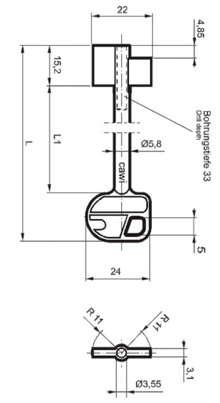Заготовка ключа Cawi-8231-000-0 (L=65мм) (D=5.8x3.55мм) (B=15.2х22мм) (к замкам 13хх, 26хх) 6CAW2