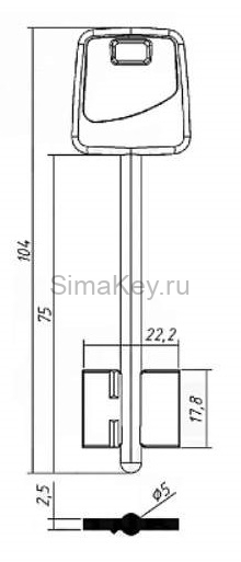 Заготовка ключа Апекс-5 104*22,2*17,8 мм, лат., штамп., с пластиком, б/п