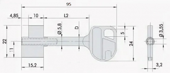 Заготовка ключа Cawi-8232-000-0 (L=95мм) (D=5.8х3.55мм) (B=15.2х22мм) (к замкам 13хх, 26хх) 6CAW3