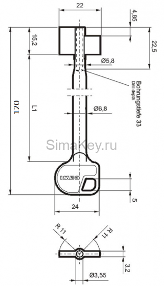 Заготовка ключа Cawi-8247-000-0 (L=120мм) (D=5.8х3.55мм) (B=15.2х22мм) (к замкам 13хх, 26хх)