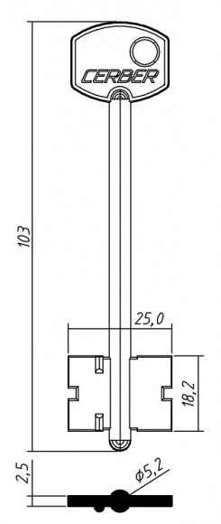 Заготовка ключа Цербер-3 103*25*18,2 мм, силумин