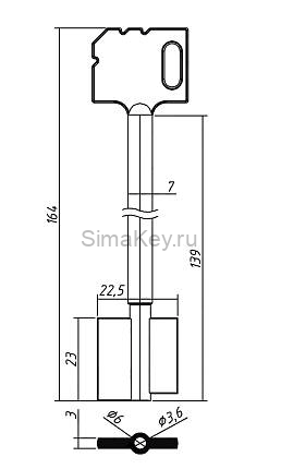 Заготовка ключа Mauer-88801/0001 сейфовый L=164  D=7.0x6.0х3.6  B=23.0х22.5