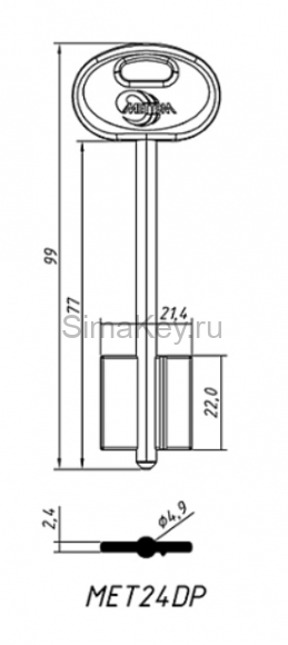 Заготовка ключа Меттэм-24 99/77*21,4*22 мм, лат., лит., с пластиком