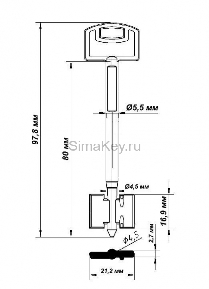 Заготовка ключа Секьюрем-6 97,2*20,3*16 мм, лат., лит.жёлт