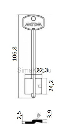 Заготовка ключа Меттэм-11БП/Меттэм-03 106,8*22,3*24,2 мм, лат., штамп., б/п